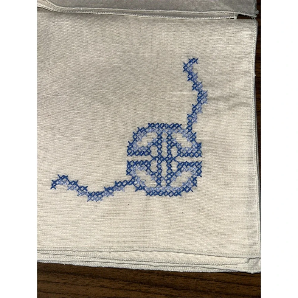 Vintage Hand Embroidered Linen Napkins Set 8 Blue Monogram Cross Stitch USA